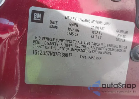 2007 Chevrolet Malibu Ltz z USA, uszkodzony, nr VIN 1G1ZU57N37F136617